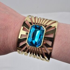 Heidi Daus Sunray Goldtone Octagonal Stone Cuff Bracelet Blue Art Deco NWOT
